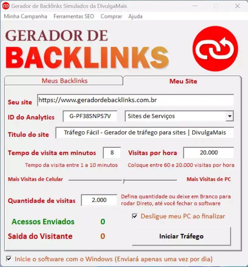 Tela real do software Gerador de Backlinks da DivulgaMais